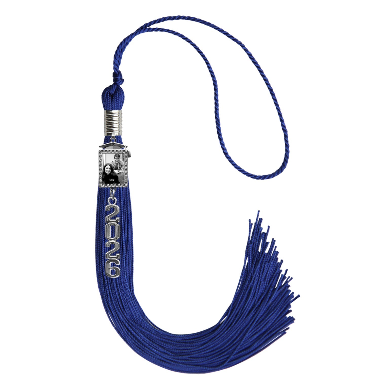 Royal Blue Tassel with Photo Frame Charm and Stacked Date Drop by Wholesale Grad Supply