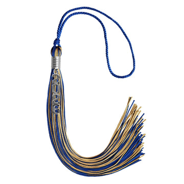 Royal Blue/Antique Gold Mixed Color Graduation Tassel with Stacked Silver Date Drop by Wholesale Grad Supply