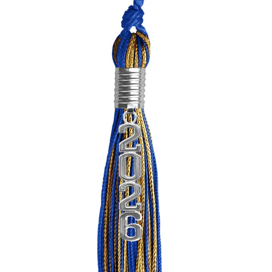 Royal Blue/Antique Gold Mixed Color Graduation Tassel with Stacked Silver Date Drop by Wholesale Grad Supply