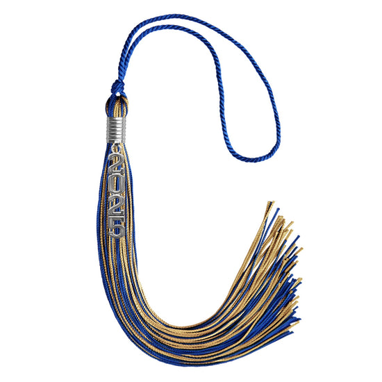 Royal Blue/Antique Gold Mixed Color Graduation Tassel with Stacked Silver Date Drop by Wholesale Grad Supply