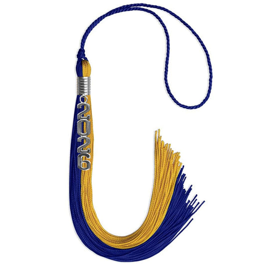 Royal Blue/Bright Gold Graduation Tassel with Silver Stacked Date Drop by Wholesale Grad Supply