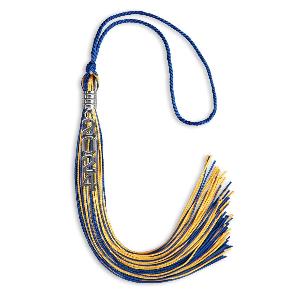 Royal Blue/Gold Mixed Color Graduation Tassel with Stacked Silver Date Drop by Wholesale Grad Supply
