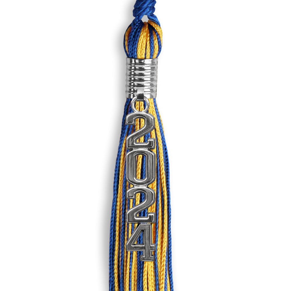 Royal Blue/Gold Mixed Color Graduation Tassel with Stacked Silver Date Drop by Wholesale Grad Supply