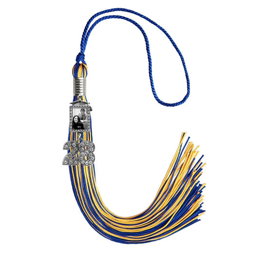 Royal Blue/Gold Tassel with Photo Frame Charm and Bling Charm by Wholesale Grad Supply