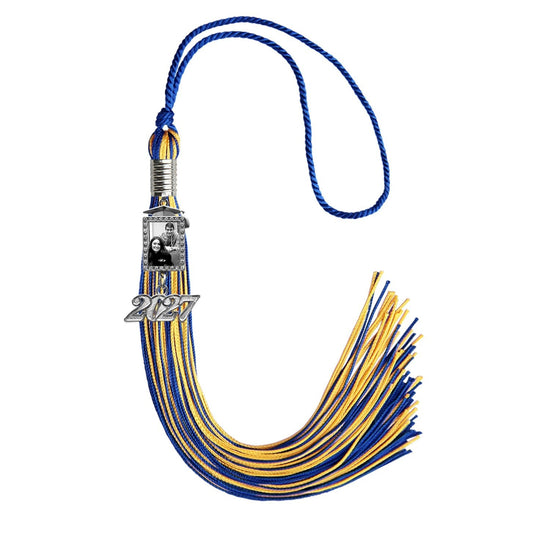 Royal Blue/Gold Tassel with Photo Frame Charm and Year Date Drop by Wholesale Grad Supply