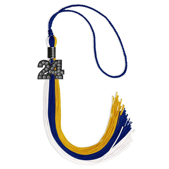 Royal Blue/Gold/White Graduation Tassel with Black Bling Charm by Wholesale Grad Supply