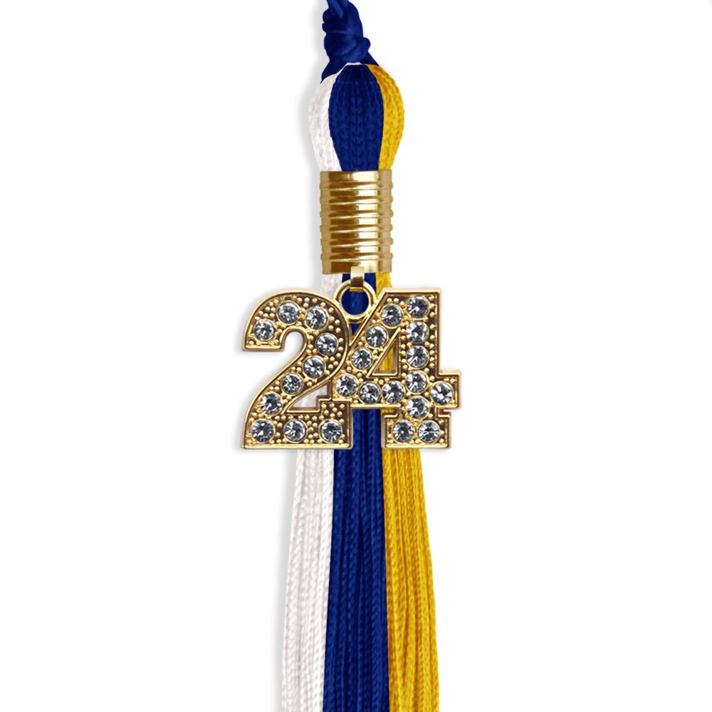 Royal Blue/Gold/White Graduation Tassel with Gold Bling Charm by Wholesale Grad Supply