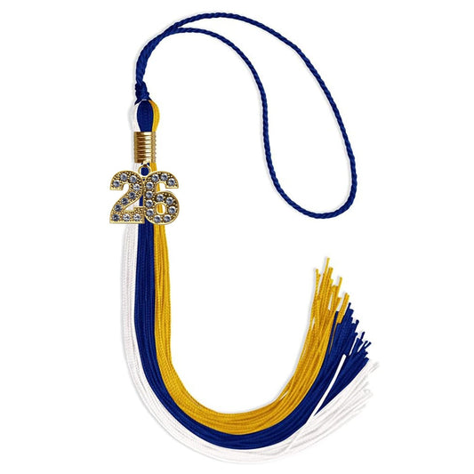 Royal Blue/Gold/White Graduation Tassel with Gold Bling Charm by Wholesale Grad Supply