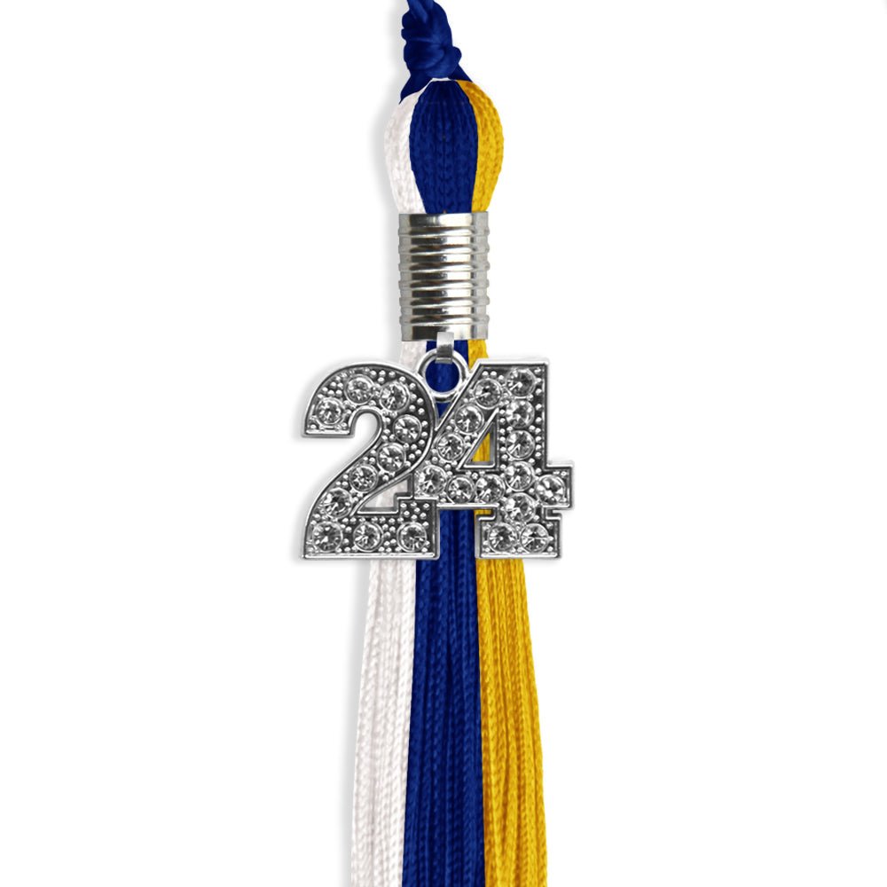 Royal Blue/Gold/White Graduation Tassel with Silver Bling Charm by Wholesale Grad Supply