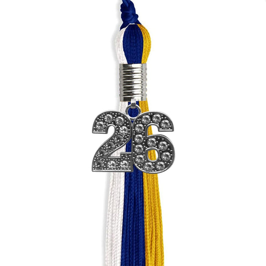 Royal Blue/Gold/White Graduation Tassel with Silver Bling Charm by Wholesale Grad Supply