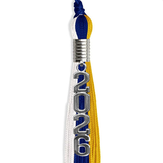 Royal Blue/Gold/White Graduation Tassel with Silver Stacked Date Drop by Wholesale Grad Supply