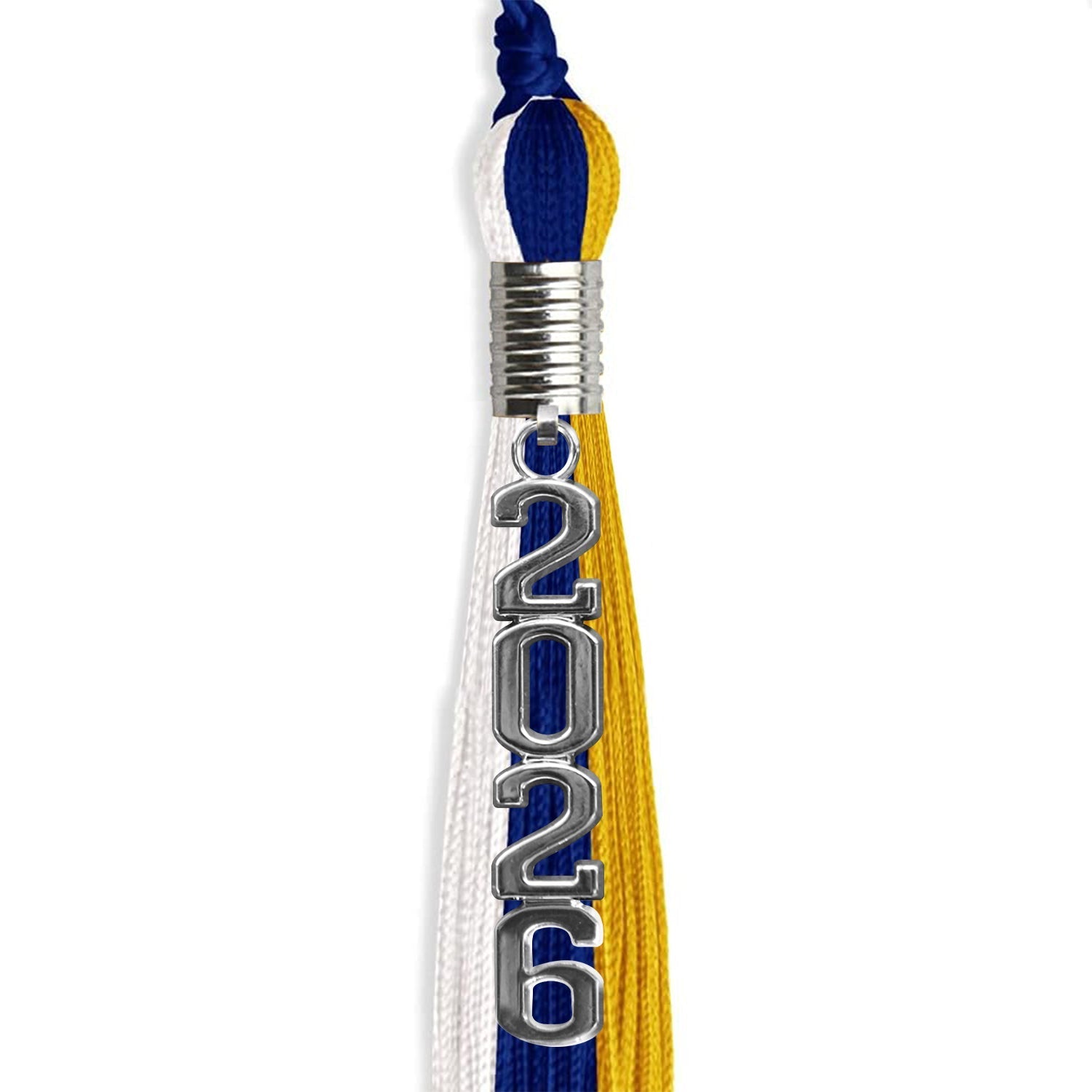 Royal Blue/Gold/White Graduation Tassel with Silver Stacked Date Drop by Wholesale Grad Supply