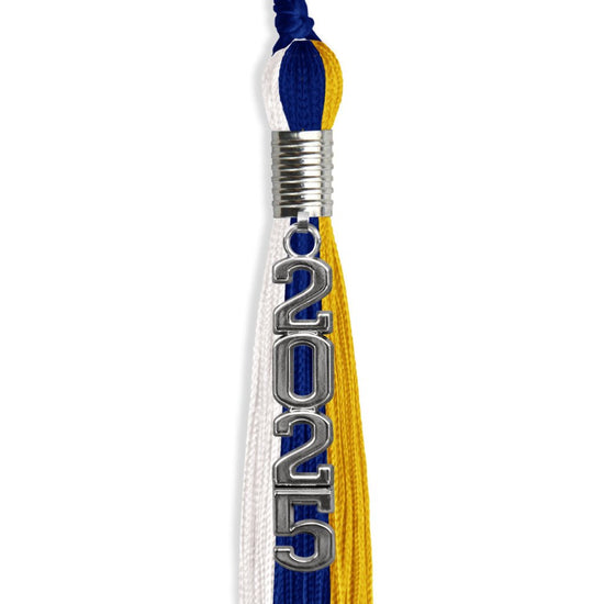 Royal Blue/Gold/White Graduation Tassel with Silver Stacked Date Drop by Wholesale Grad Supply