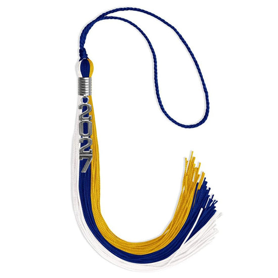 Royal Blue/Gold/White Graduation Tassel with Silver Stacked Date Drop by Wholesale Grad Supply