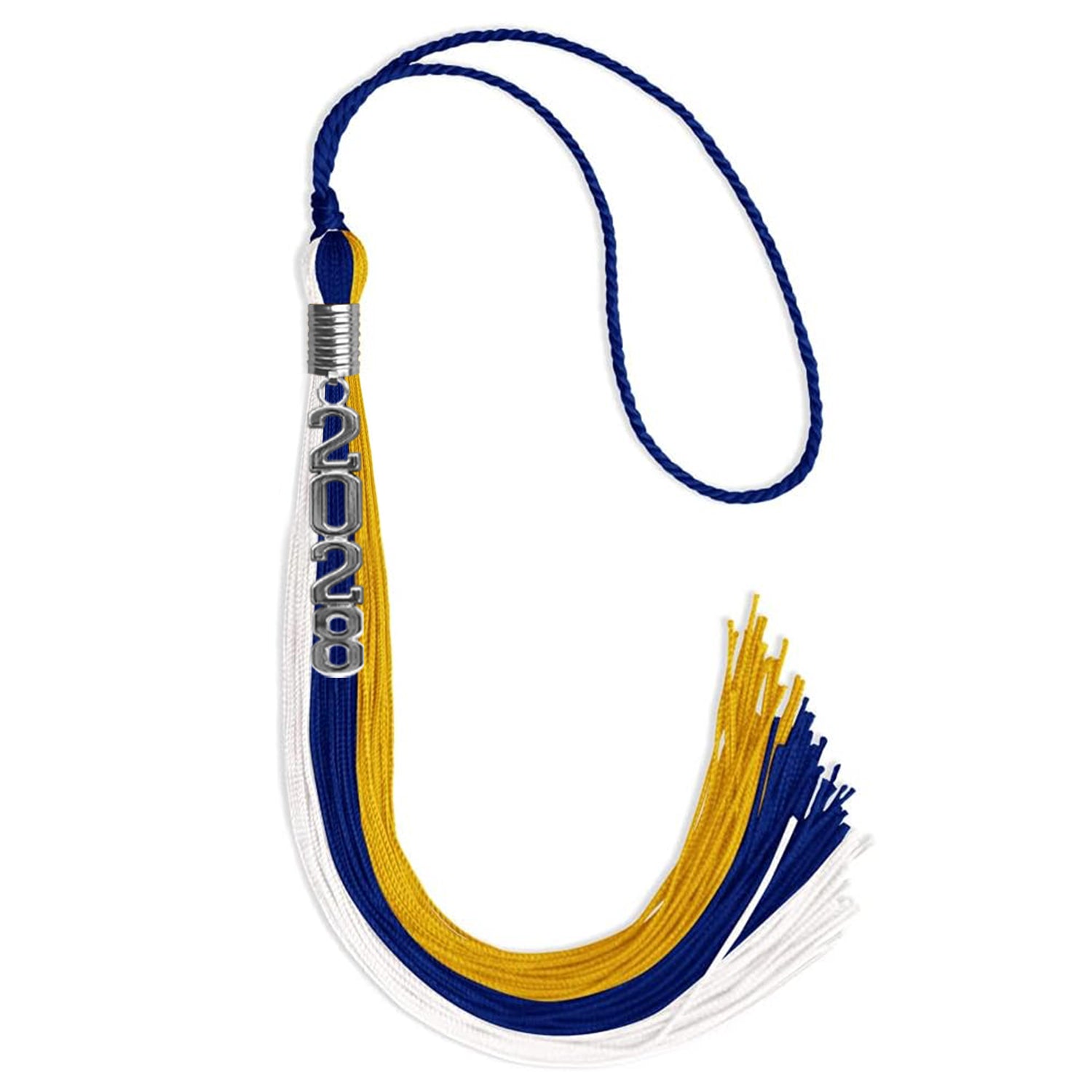 Royal Blue/Gold/White Graduation Tassel with Silver Stacked Date Drop by Wholesale Grad Supply