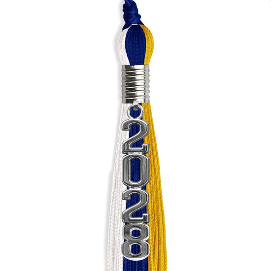 Royal Blue/Gold/White Graduation Tassel with Silver Stacked Date Drop by Wholesale Grad Supply