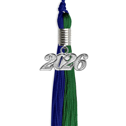 Royal Blue/Green Graduation Tassel with Silver Bling Charm by Wholesale Grad Supply