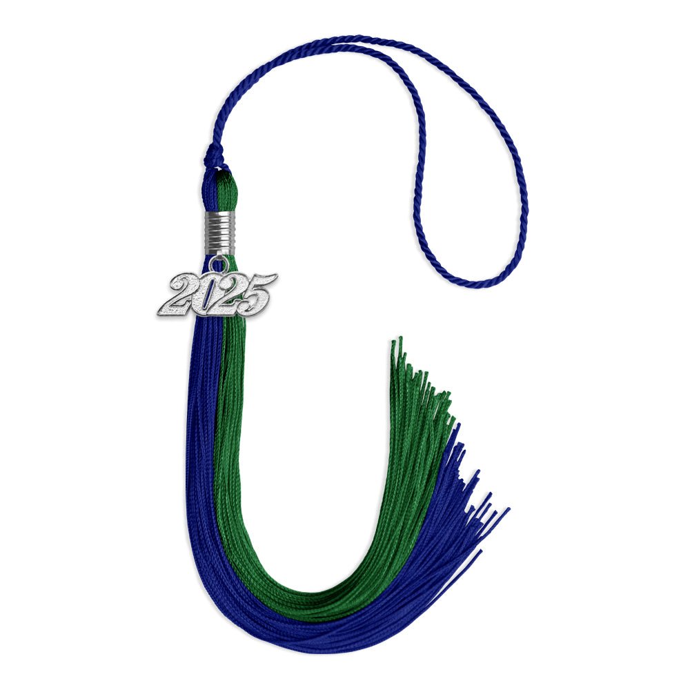 Royal Blue/Green Graduation Tassel with Silver Bling Charm by Wholesale Grad Supply