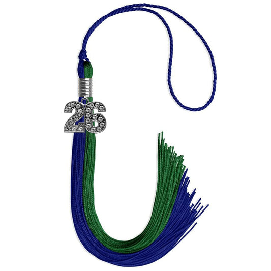 Royal Blue/Green Graduation Tassel with Silver Bling Charm by Wholesale Grad Supply