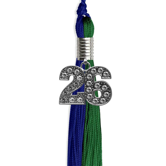 Royal Blue/Green Graduation Tassel with Silver Bling Charm by Wholesale Grad Supply