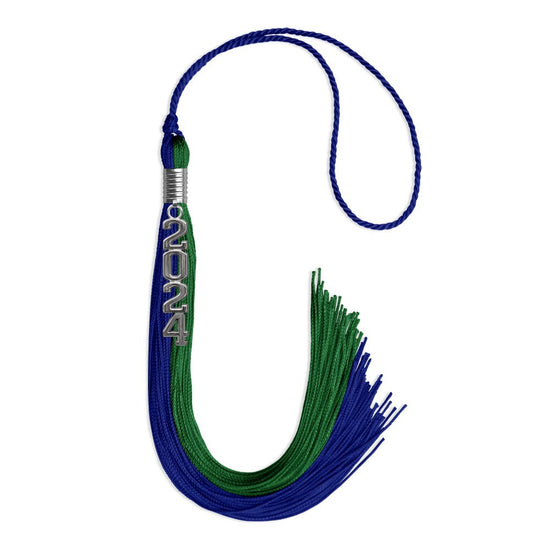 Royal Blue/Green Graduation Tassel with Silver Stacked Date Drop by Wholesale Grad Supply