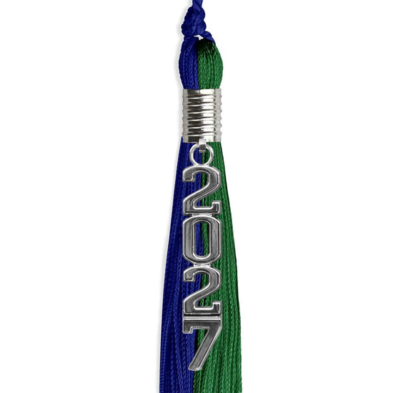 Royal Blue/Green Graduation Tassel with Silver Stacked Date Drop by Wholesale Grad Supply