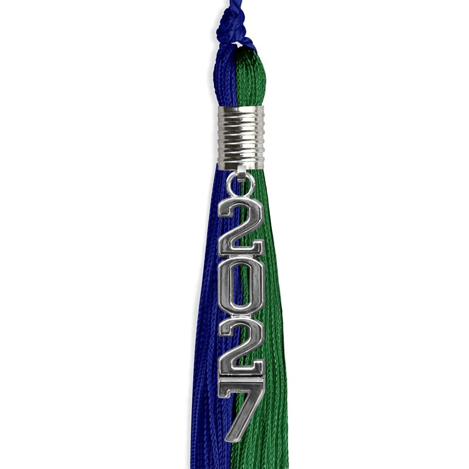 Royal Blue/Green Graduation Tassel with Silver Stacked Date Drop by Wholesale Grad Supply
