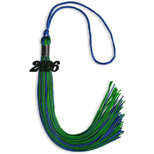 Royal Blue/Green Mixed Color Graduation Tassel with Black Bling Charm by Wholesale Grad Supply