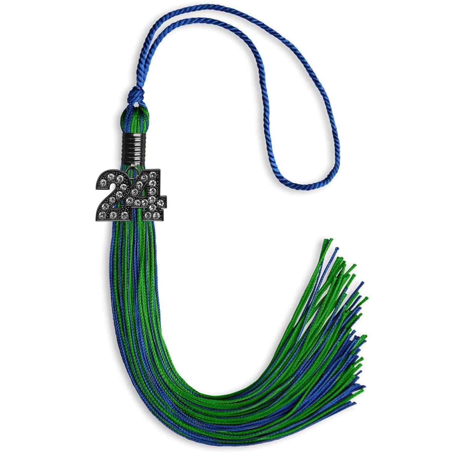 Royal Blue/Green Mixed Color Graduation Tassel with Black Bling Charm by Wholesale Grad Supply
