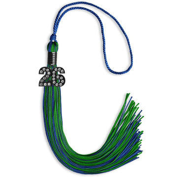 Royal Blue/Green Mixed Color Graduation Tassel with Black Bling Charm by Wholesale Grad Supply