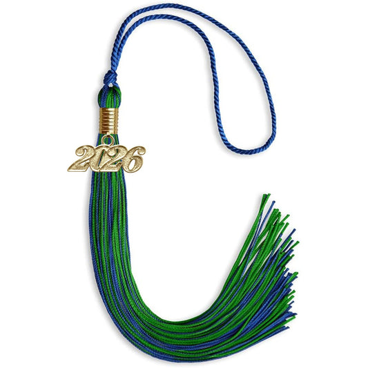 Royal Blue/Green Mixed Color Graduation Tassel with Gold Bling Charm by Wholesale Grad Supply