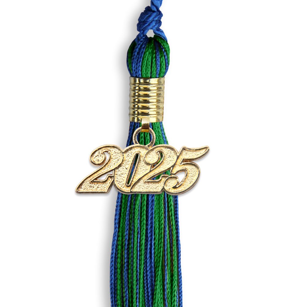 Royal Blue/Green Mixed Color Graduation Tassel with Gold Bling Charm by Wholesale Grad Supply