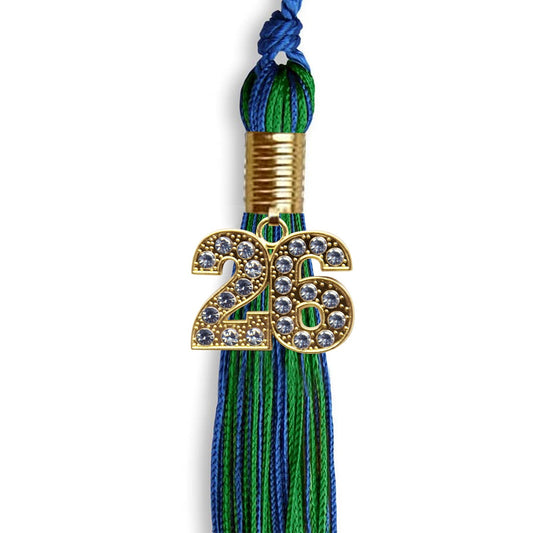 Royal Blue/Green Mixed Color Graduation Tassel with Gold Bling Charm by Wholesale Grad Supply