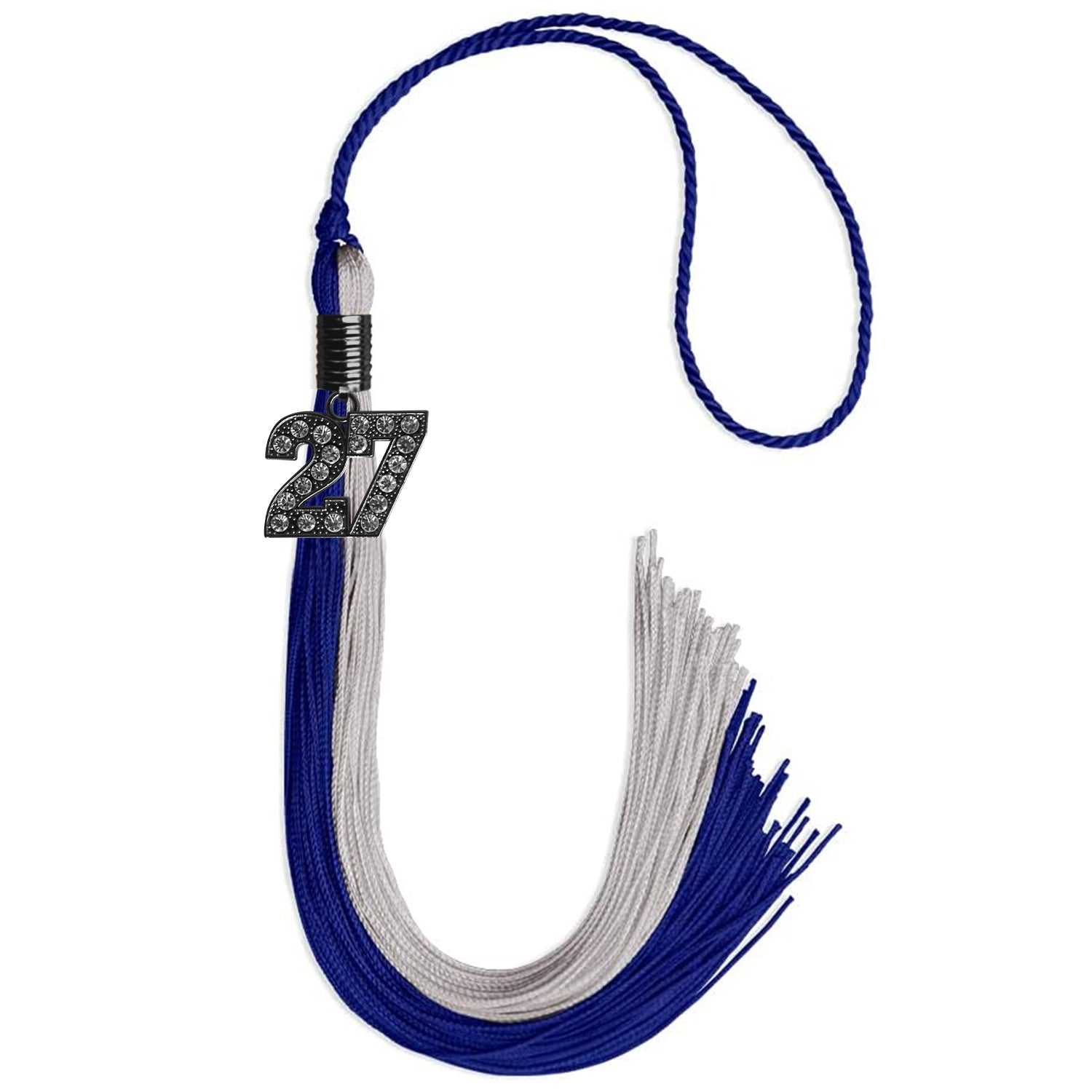 Royal Blue/Grey Graduation Tassel with Black Bling Charm by Wholesale Grad Supply