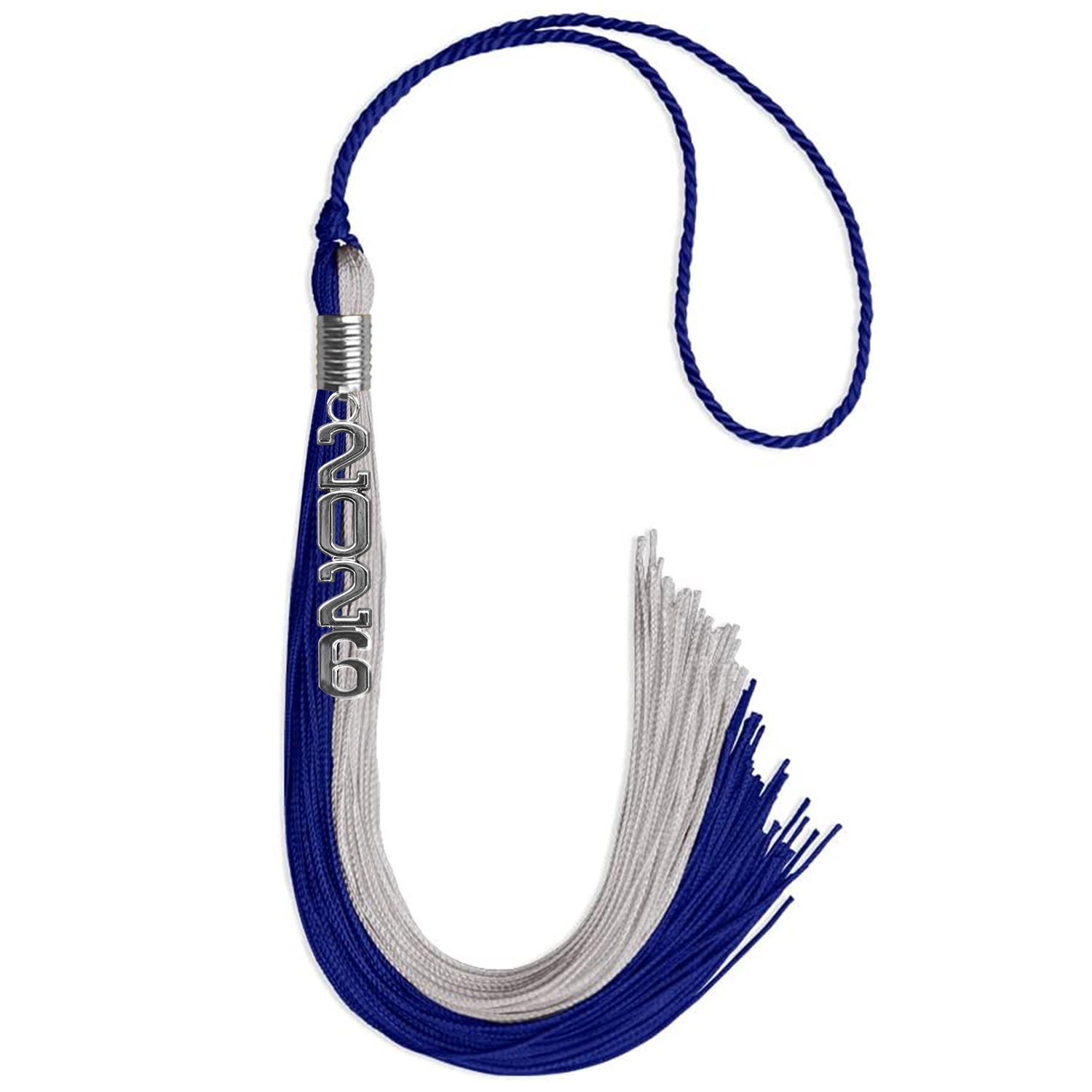 Royal Blue/Grey Graduation Tassel with Silver Stacked Date Drop by Wholesale Grad Supply