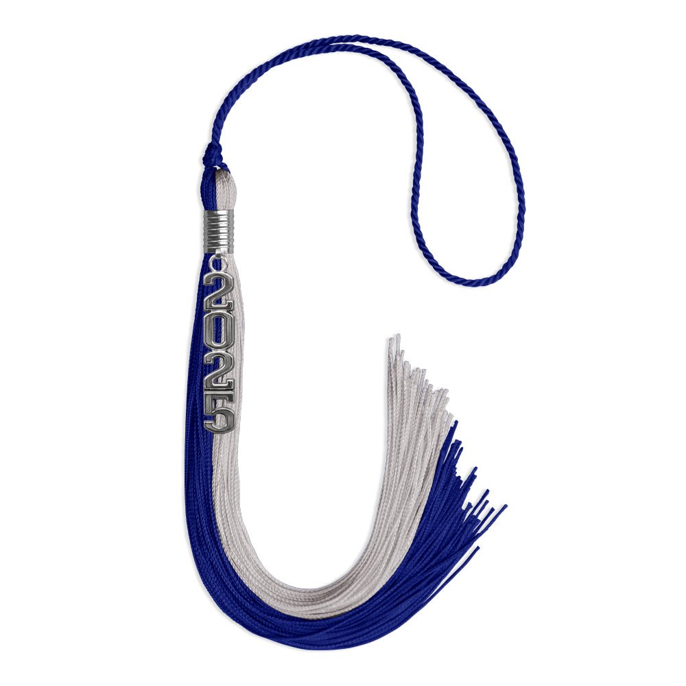 Royal Blue/Grey Graduation Tassel with Silver Stacked Date Drop by Wholesale Grad Supply