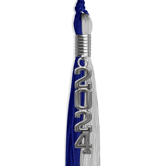 Royal Blue/Grey Graduation Tassel with Silver Stacked Date Drop by Wholesale Grad Supply
