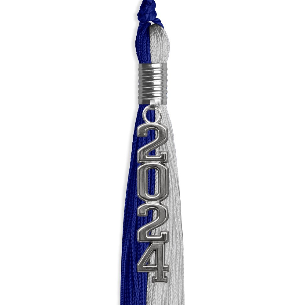 Royal Blue/Grey Graduation Tassel with Silver Stacked Date Drop by Wholesale Grad Supply