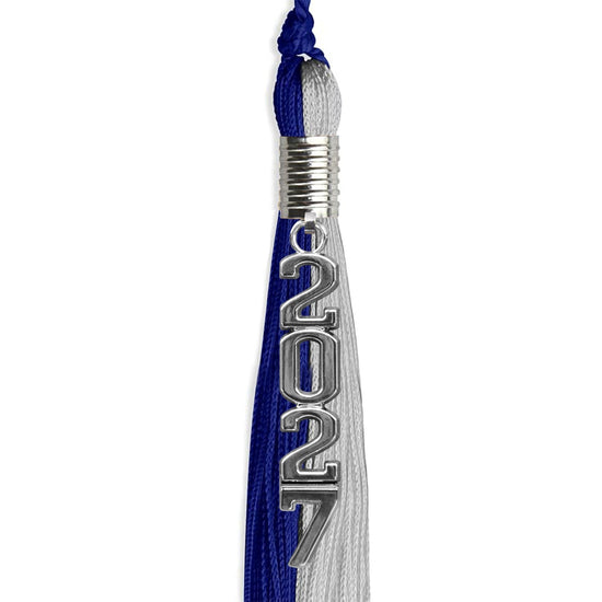 Royal Blue/Grey Graduation Tassel with Silver Stacked Date Drop by Wholesale Grad Supply