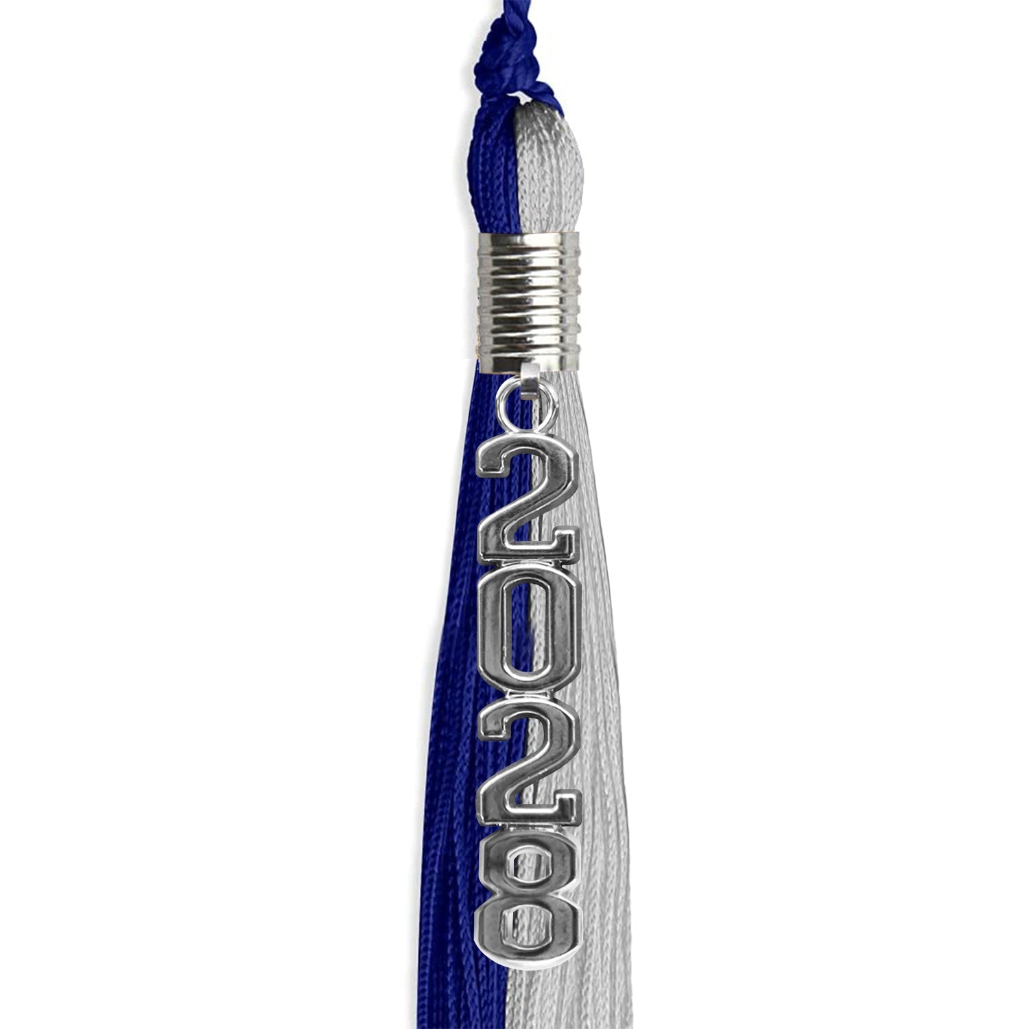 Royal Blue/Grey Graduation Tassel with Silver Stacked Date Drop by Wholesale Grad Supply