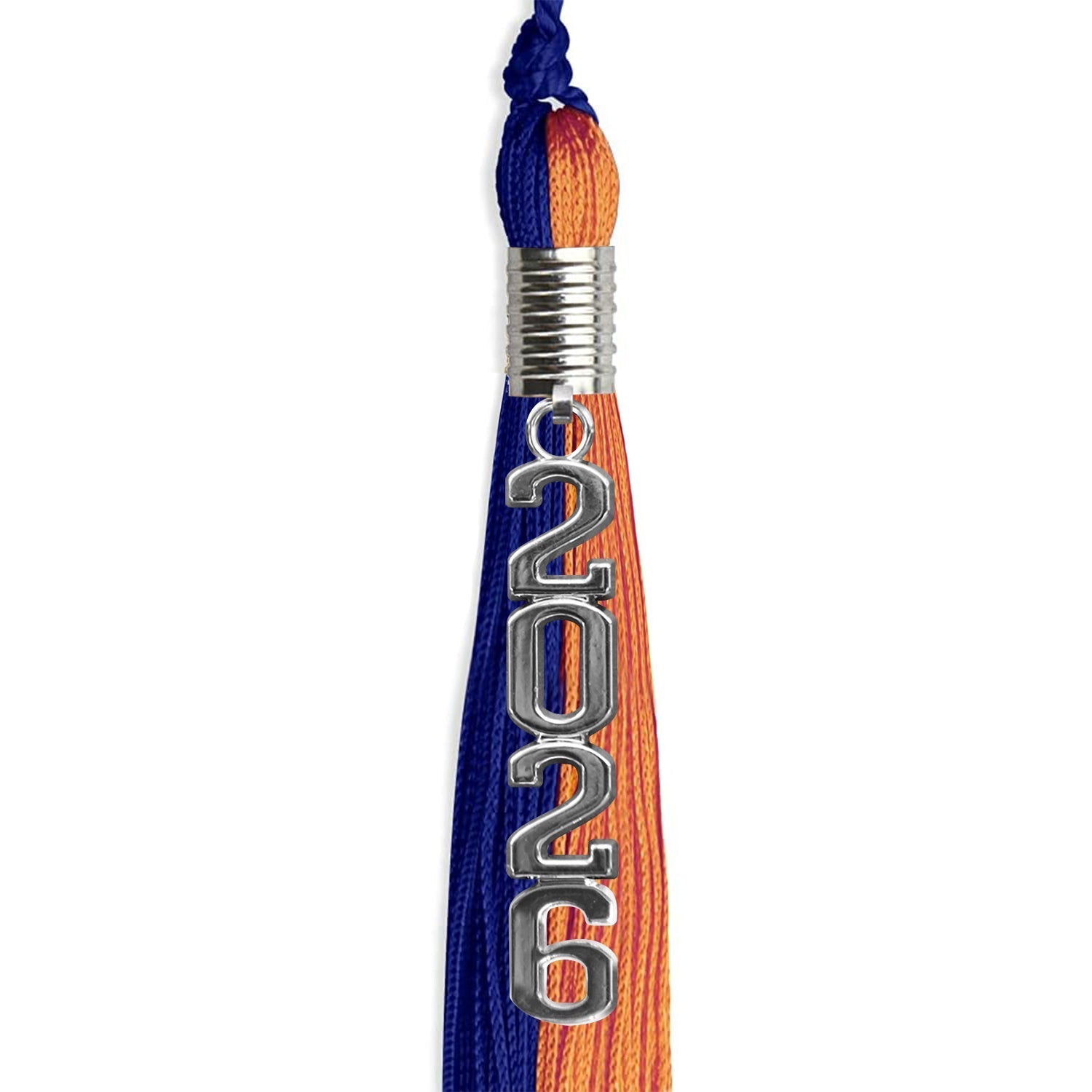 Royal Blue/Orange Graduation Tassel with Silver Stacked Date Drop by Wholesale Grad Supply