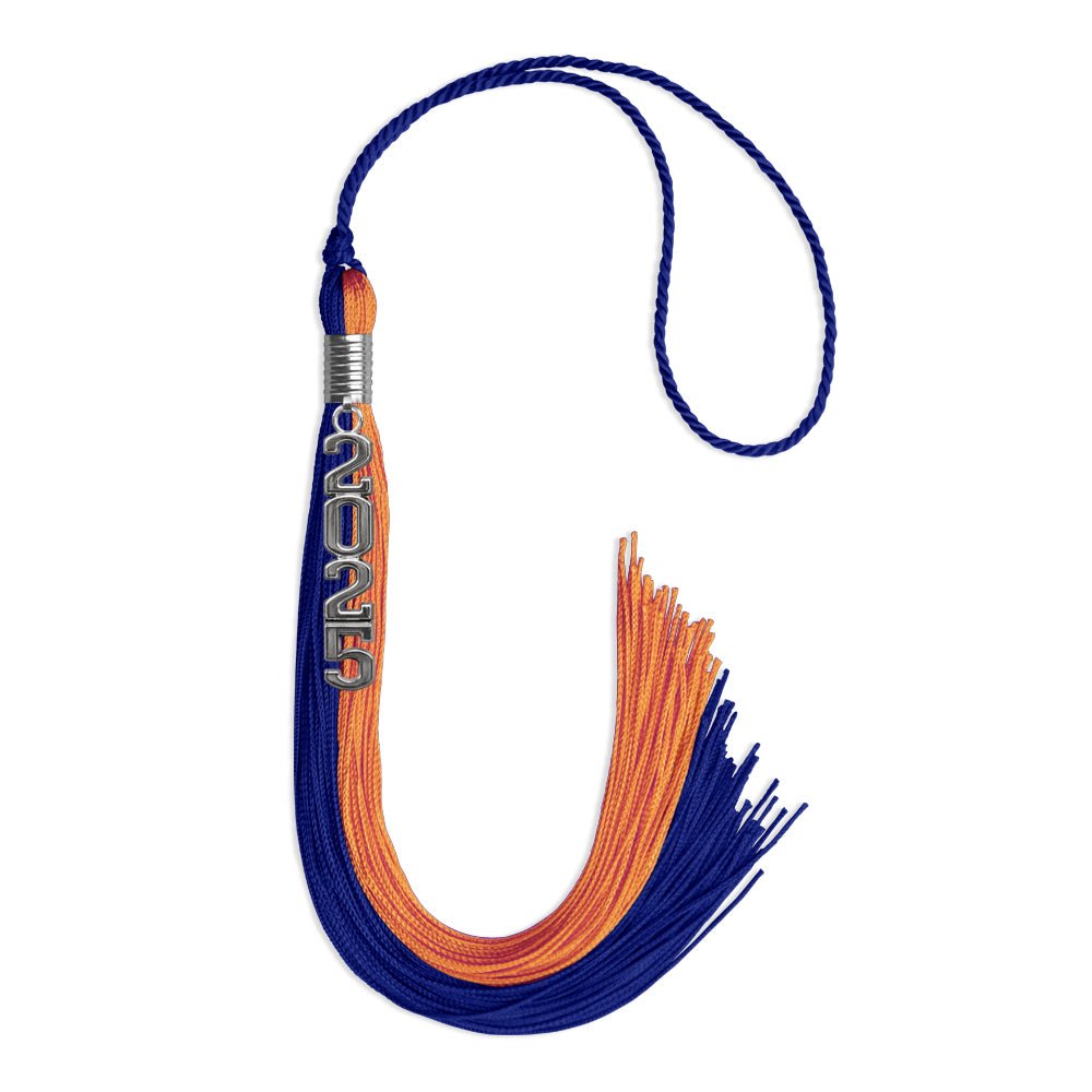 Royal Blue/Orange Graduation Tassel with Silver Stacked Date Drop by Wholesale Grad Supply