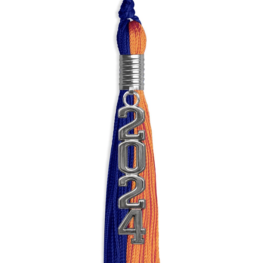 Royal Blue/Orange Graduation Tassel with Silver Stacked Date Drop by Wholesale Grad Supply