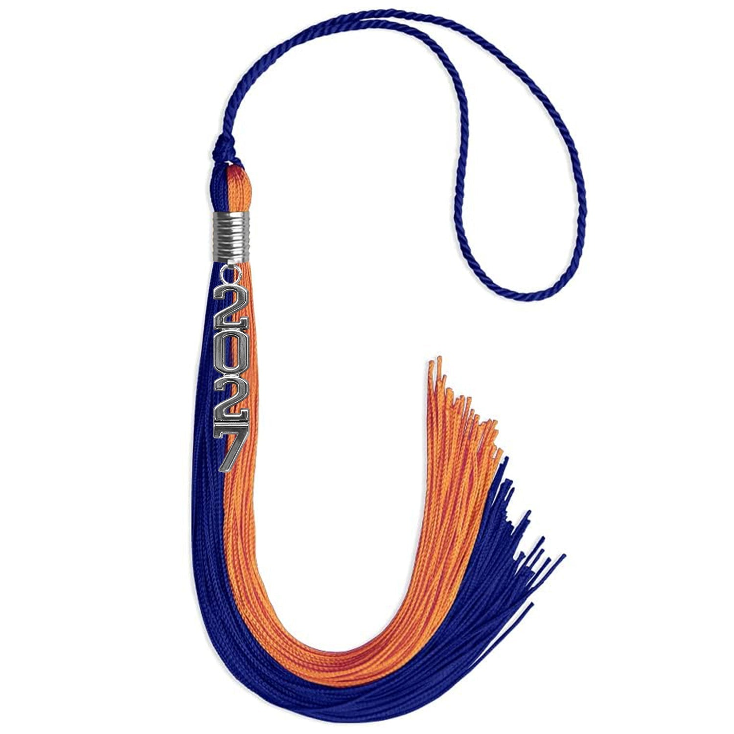 Royal Blue/Orange Graduation Tassel with Silver Stacked Date Drop by Wholesale Grad Supply