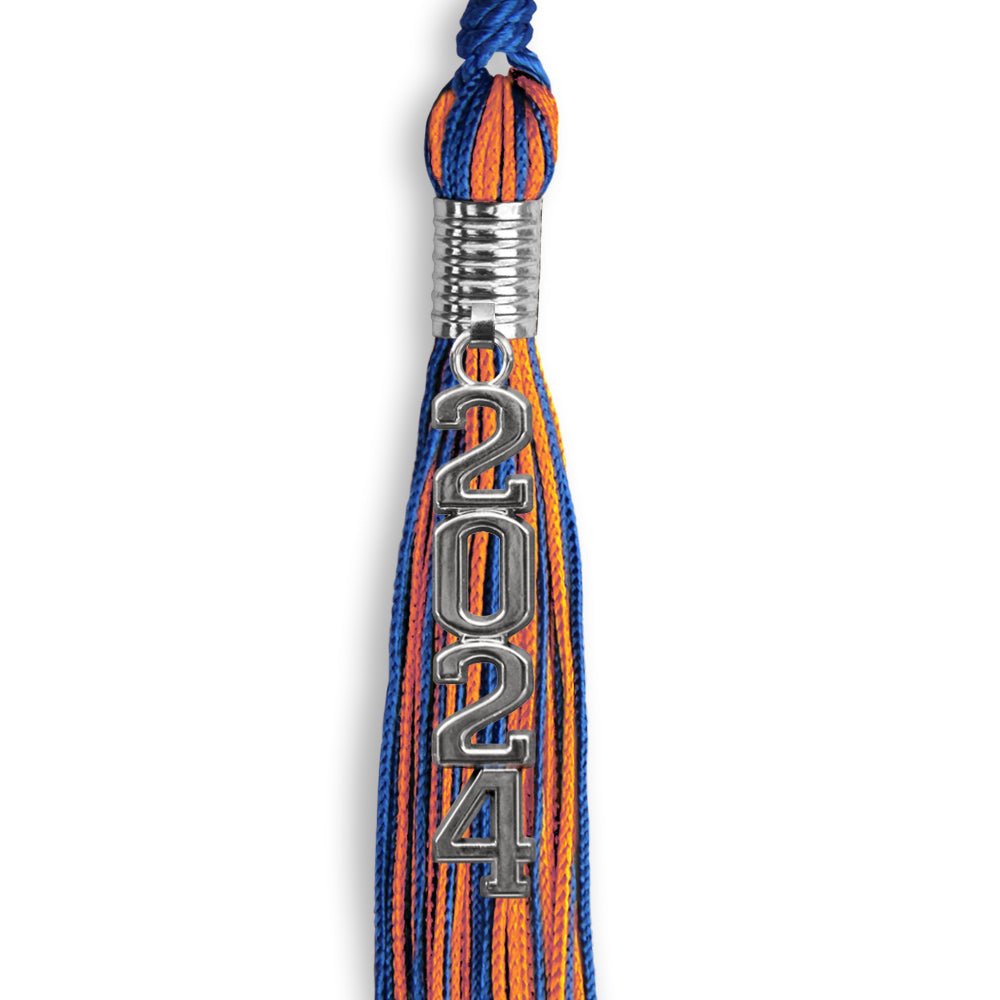 Royal Blue/Orange Mixed Color Graduation Tassel with Stacked Silver Date Drop by Wholesale Grad Supply