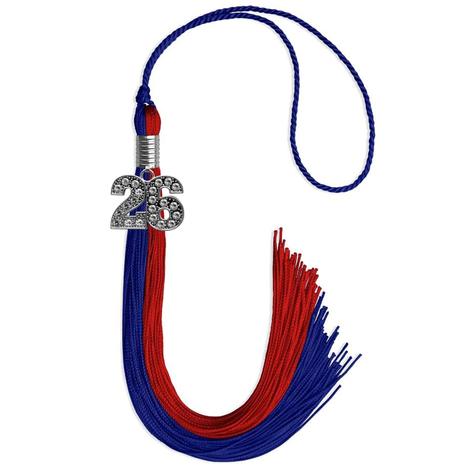 Royal Blue/Red Graduation Tassel with Silver Bling Charm by Wholesale Grad Supply