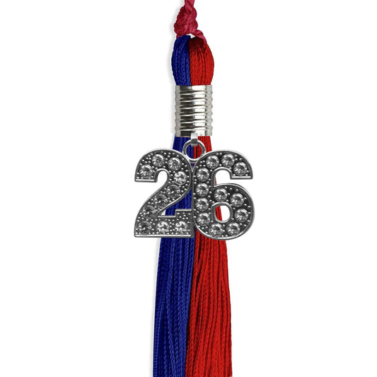 Royal Blue/Red Graduation Tassel with Silver Bling Charm by Wholesale Grad Supply