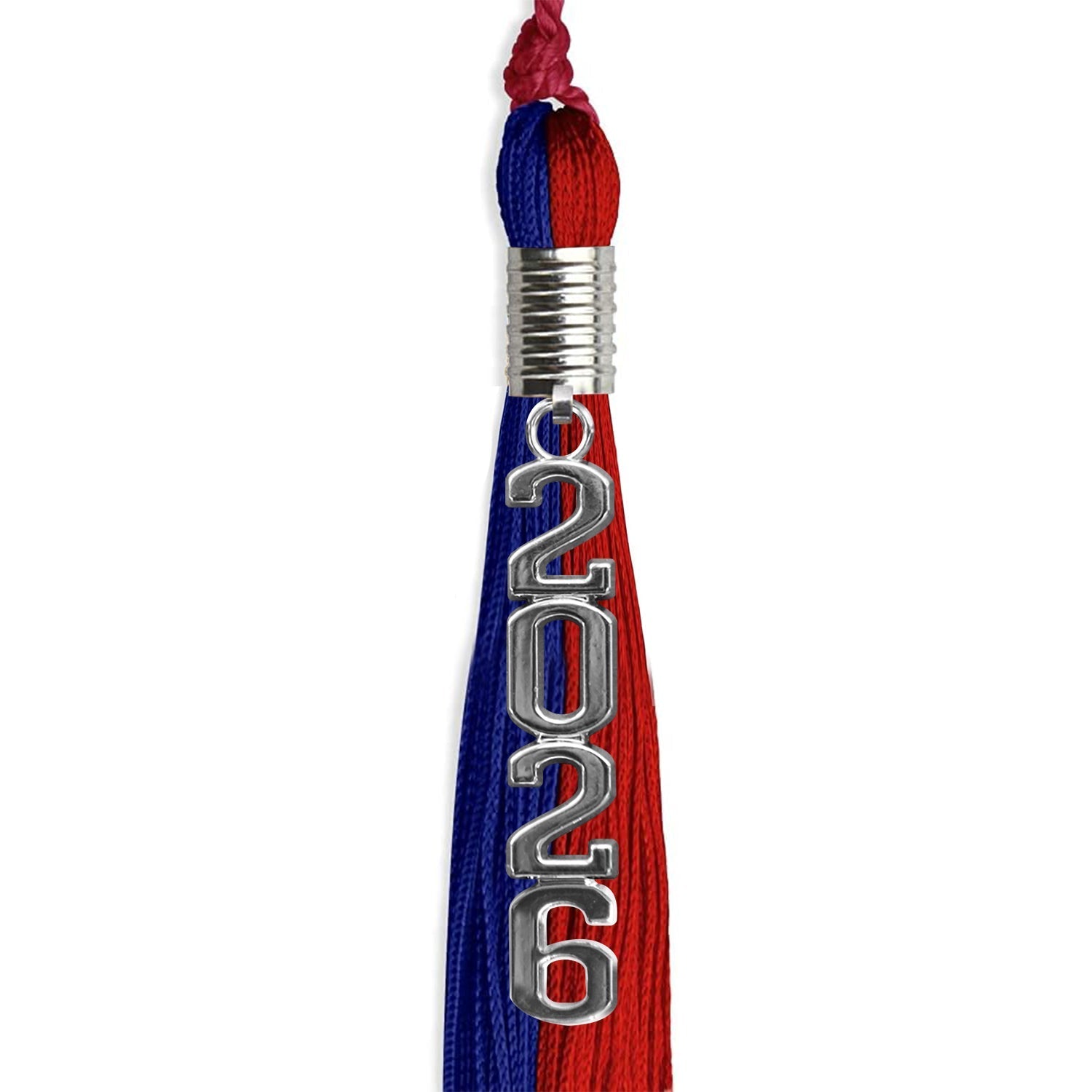 Royal Blue/Red Graduation Tassel with Silver Stacked Date Drop by Wholesale Grad Supply