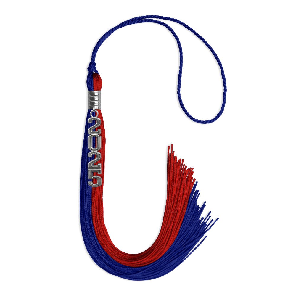 Royal Blue/Red Graduation Tassel with Silver Stacked Date Drop by Wholesale Grad Supply