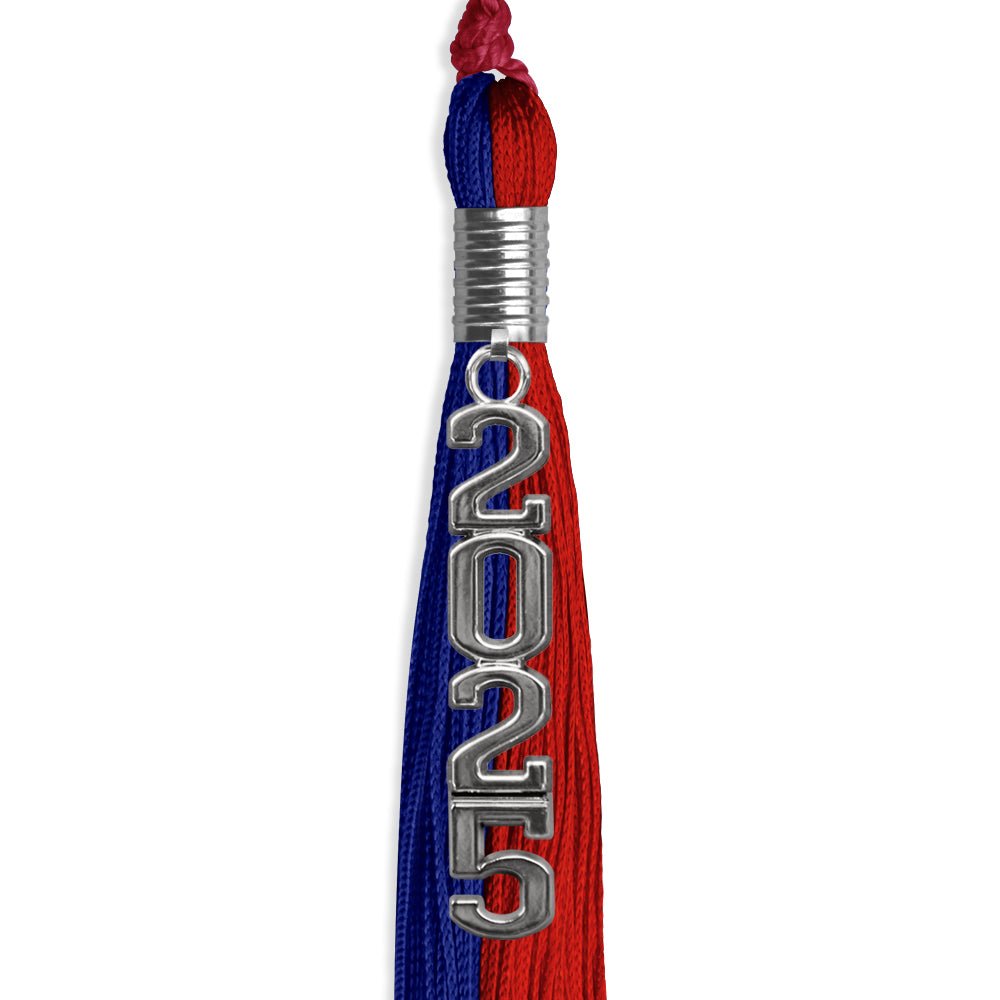 Royal Blue/Red Graduation Tassel with Silver Stacked Date Drop by Wholesale Grad Supply